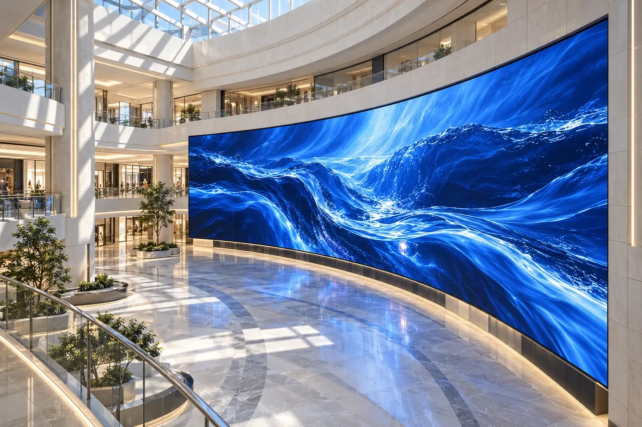 商场中庭中的大幅曲面LED展示墙